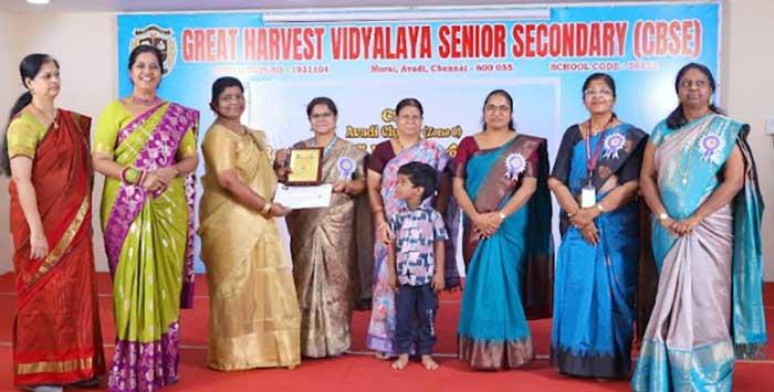 Teachers of MSE Chennai Smt. Aishwarya B. received the Best Teacher Award 2025-2026 presented by CSSC Avadi Cluster at Great Harvest Vidyalaya Senior Secondary School.